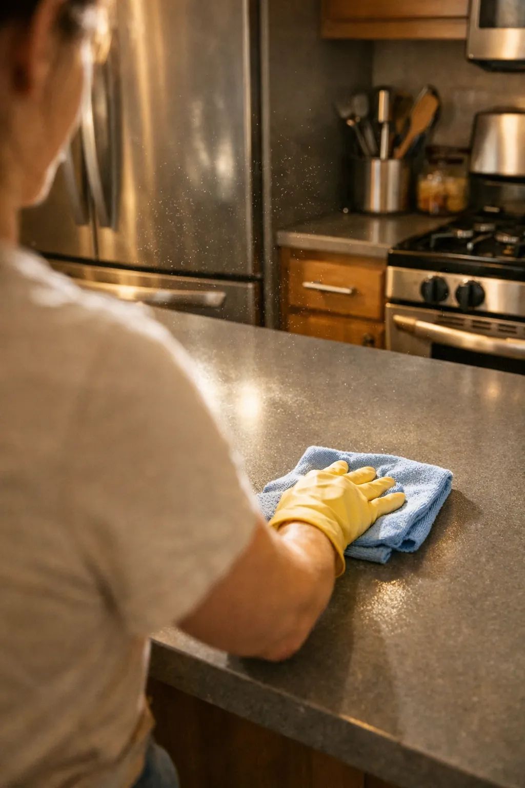 Cleaner using detailed cleaning tools in a bright Santa Clarita kitchen