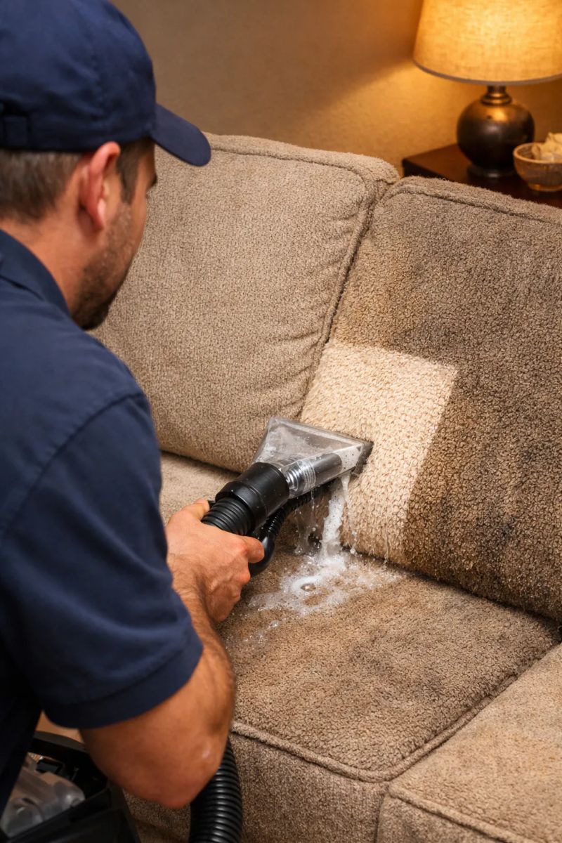 Professional cleaner refreshing a bright office conference room